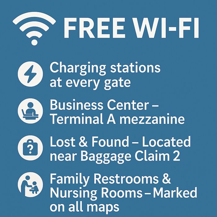 Graphic that lists airport services such as WIFI, Business Center, Lost & Found Graphic that lists airport services such as WIFI, Business Center, Lost & Found