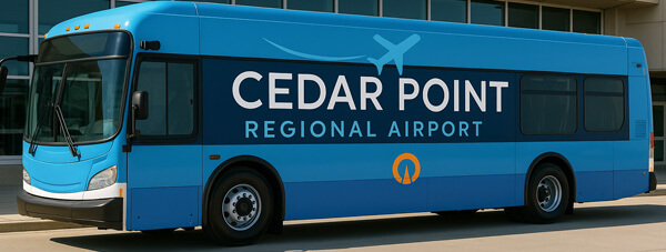 Cedar Point Regional Airport shuttle parked outside of airport. Cedar Point Regional Airport shuttle parked outside of airport.
