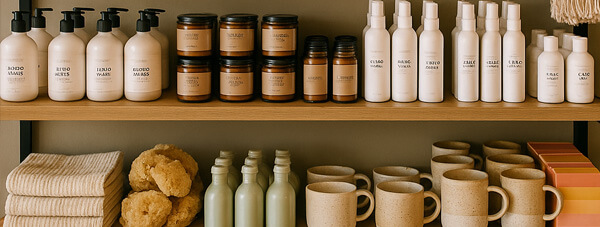 Assortment of artisanal skin care products and mugs Assortment of artisanal skin care products and mugs