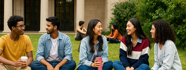 College students hanging out on campus lawn