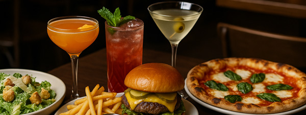 Assortment of restaurant food: Cheeseburger, Caesar Salad, Margherita Pizza and a variety of cocktails. Assortment of restaurant food: Cheeseburger, Caesar Salad, Margherita Pizza and a variety of cocktails.
