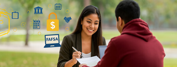 Student reviewing financial aid options with advisor 