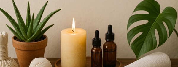 Image of spa with lit pillar candle, essential oils and plants Image of spa with lit pillar candle, essential oils and plants